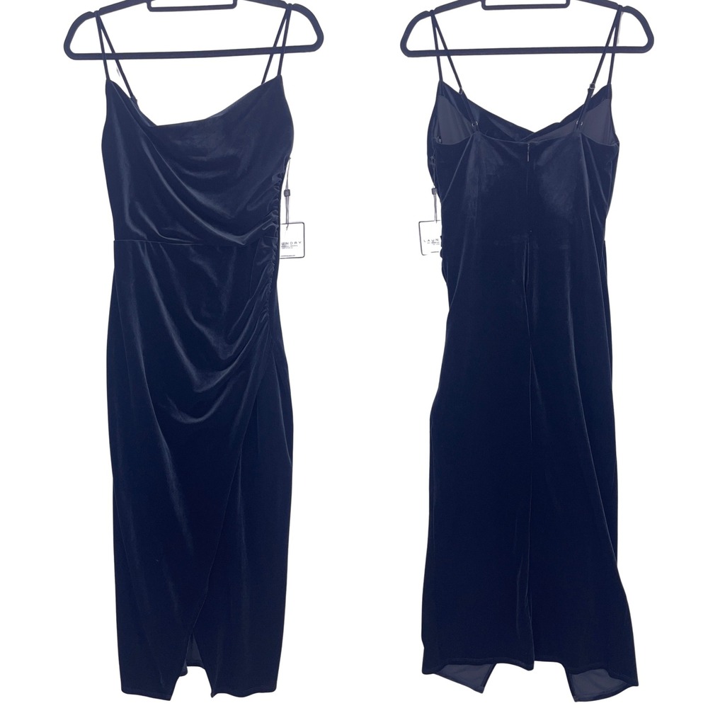Black Velvet Cowl Neck Ruched Midi Dress 6 Laundry by Shelli Segal
